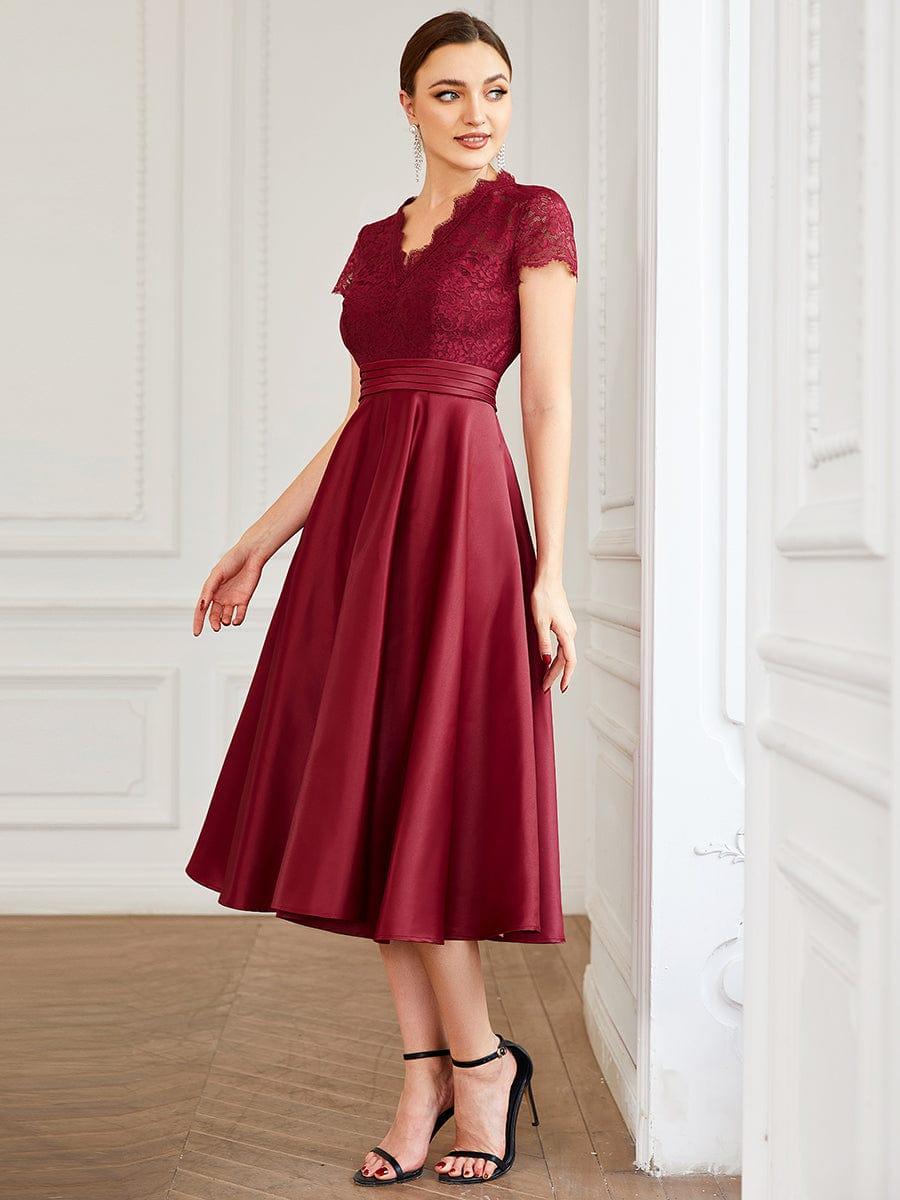 Custom Size Embroidered Floral V Neck Short Sleeves Midi A-Line Cocktail Dress