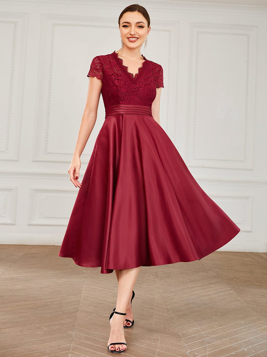 Embroidered Floral V Neck Short Sleeves Midi A-Line Formal Dress #color_Burgundy