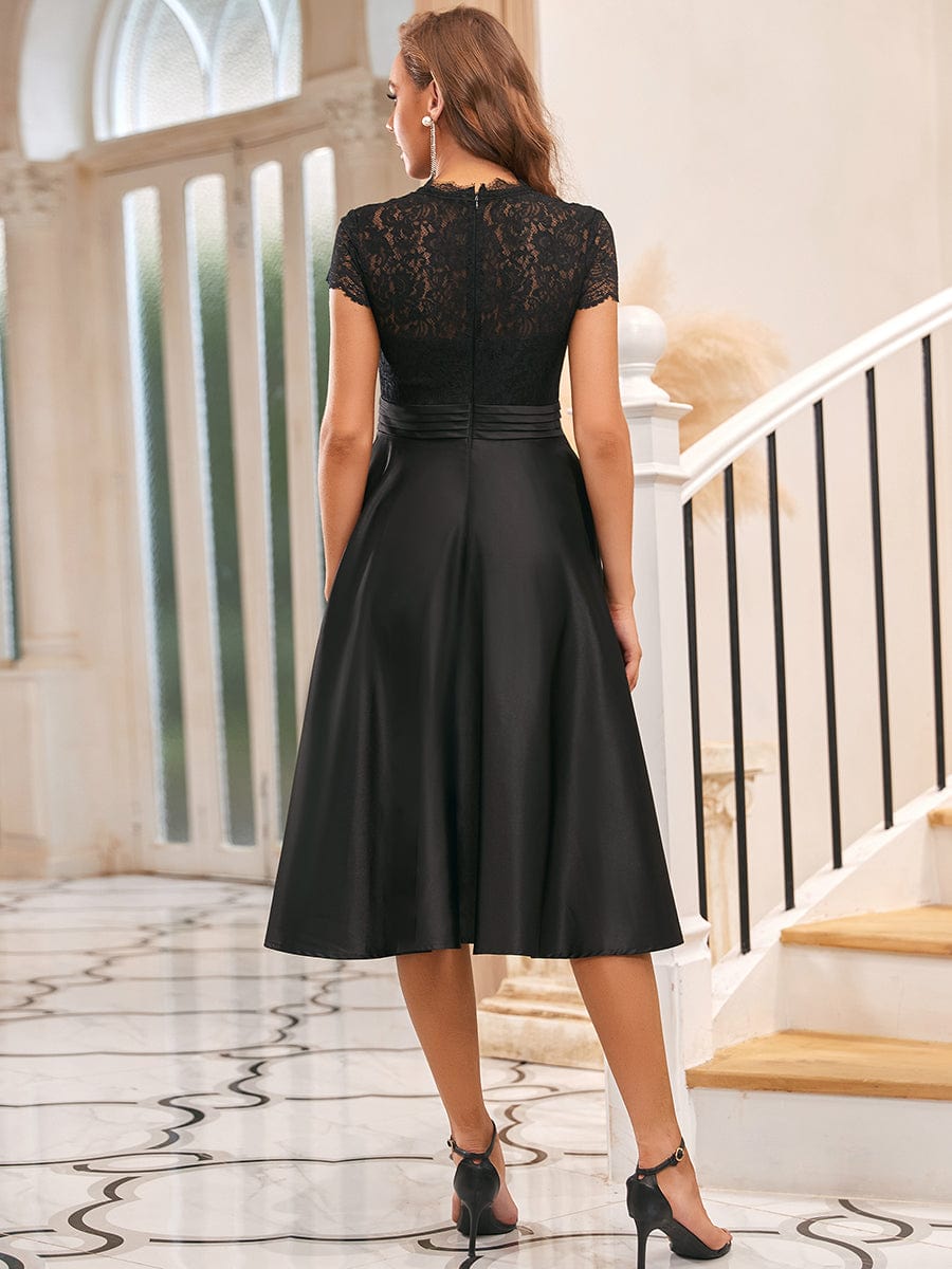 Custom Size Embroidered Floral V Neck Short Sleeves Midi A-Line Cocktail Dress #color_Black