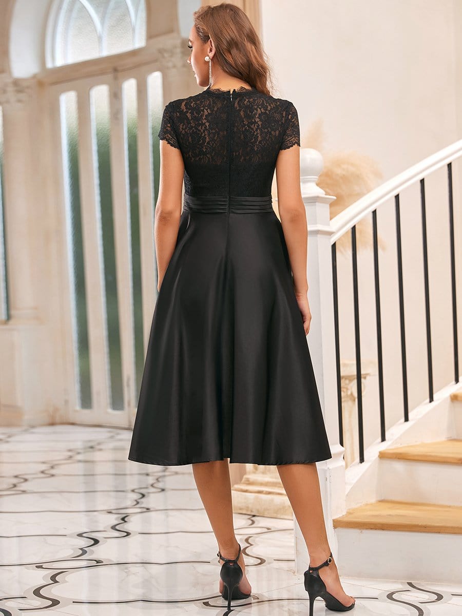 Embroidered Floral V Neck Short Sleeves Midi A-Line Formal Dress #color_Black