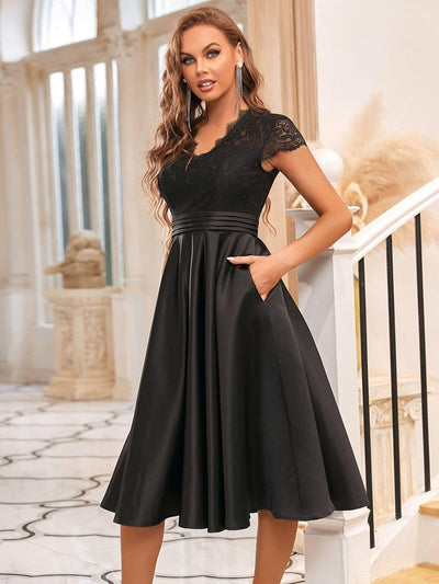 Embroidered Floral V Neck Short Sleeves Midi A-Line Formal Dress #color_Black