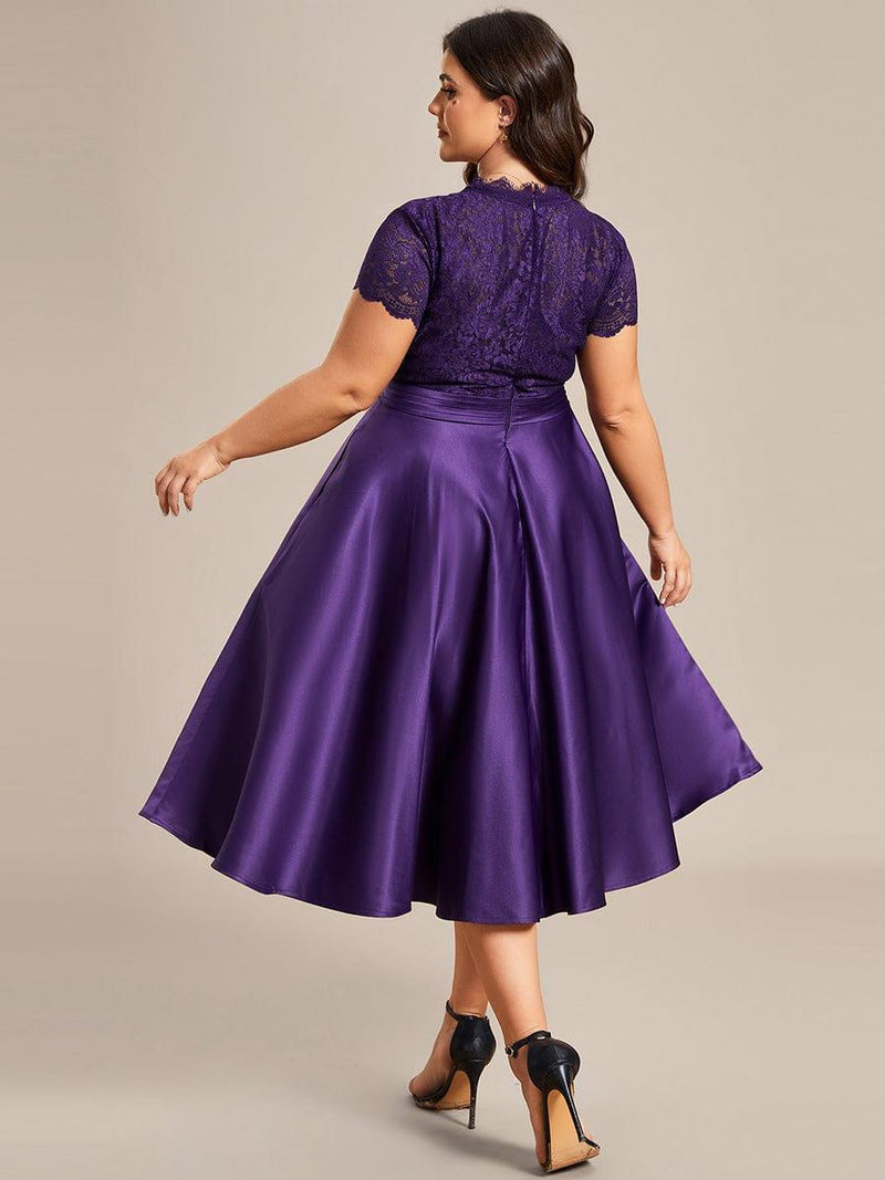 V Neck Floral Embroidered Short Sleeves Midi A-Line Formal Dress