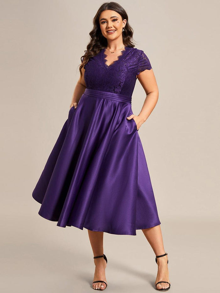 V Neck Floral Embroidered Short Sleeves Midi A-Line Formal Dress