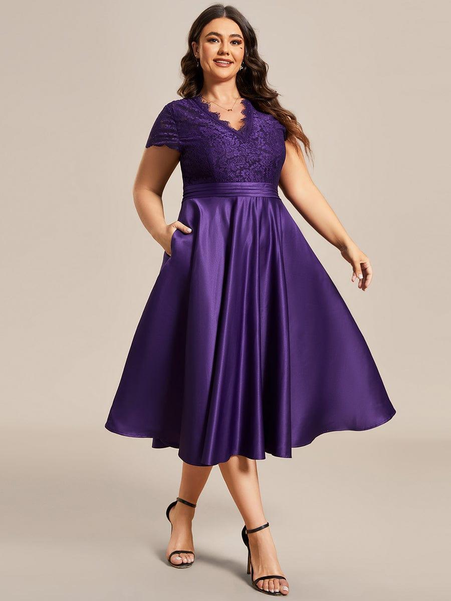 Plus Size Lace Cap Sleeve V neck Midi Formal Dress