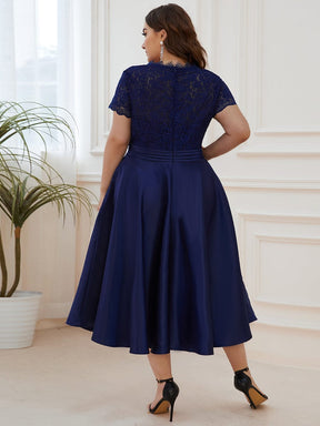 Plus Size Lace Cap Sleeve V neck Midi Formal Dress