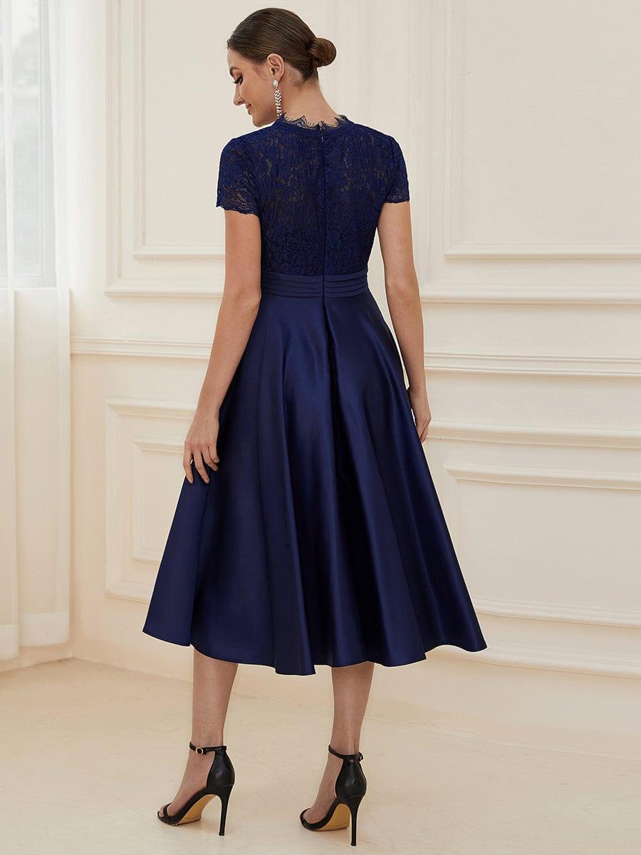 Custom Size Embroidered Floral V Neck Short Sleeves Midi A-Line Cocktail Dress #color_Navy Blue