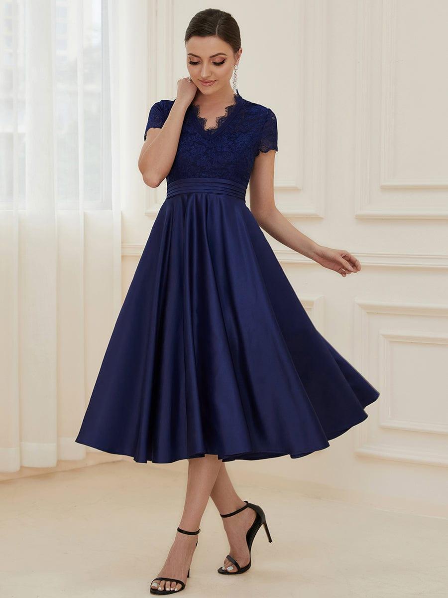 Custom Size Embroidered Floral V Neck Short Sleeves Midi A-Line Cocktail Dress #color_Navy Blue