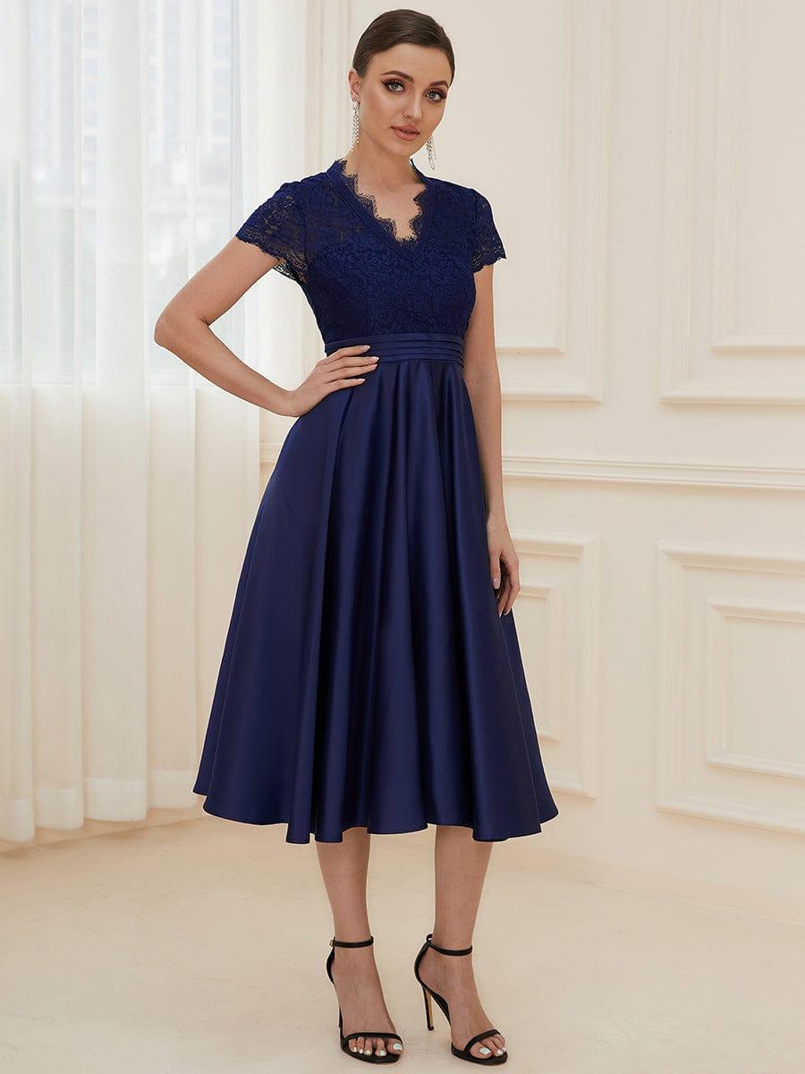 Custom Size Embroidered Floral V Neck Short Sleeves Midi A-Line Cocktail Dress #color_Navy Blue