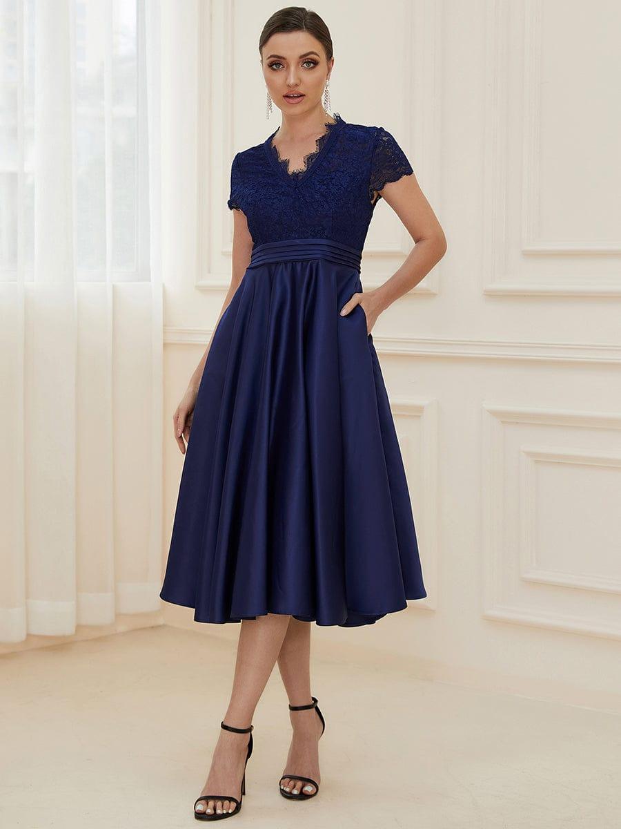 V Neck Floral Embroidered Short Sleeves Midi A-Line Formal Dress - Ever-Pretty UK V Neck Floral Embroidered Short Sleeves Midi A-Line Formal Dress - Ever-Pretty UK
