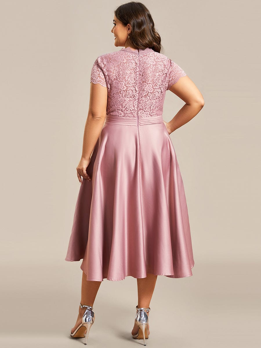 Plus Size Lace Cap Sleeve V neck Midi Formal Dress