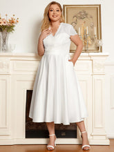 Plus Size Lace Cap Sleeve V neck Midi Cocktail Dress #color_White