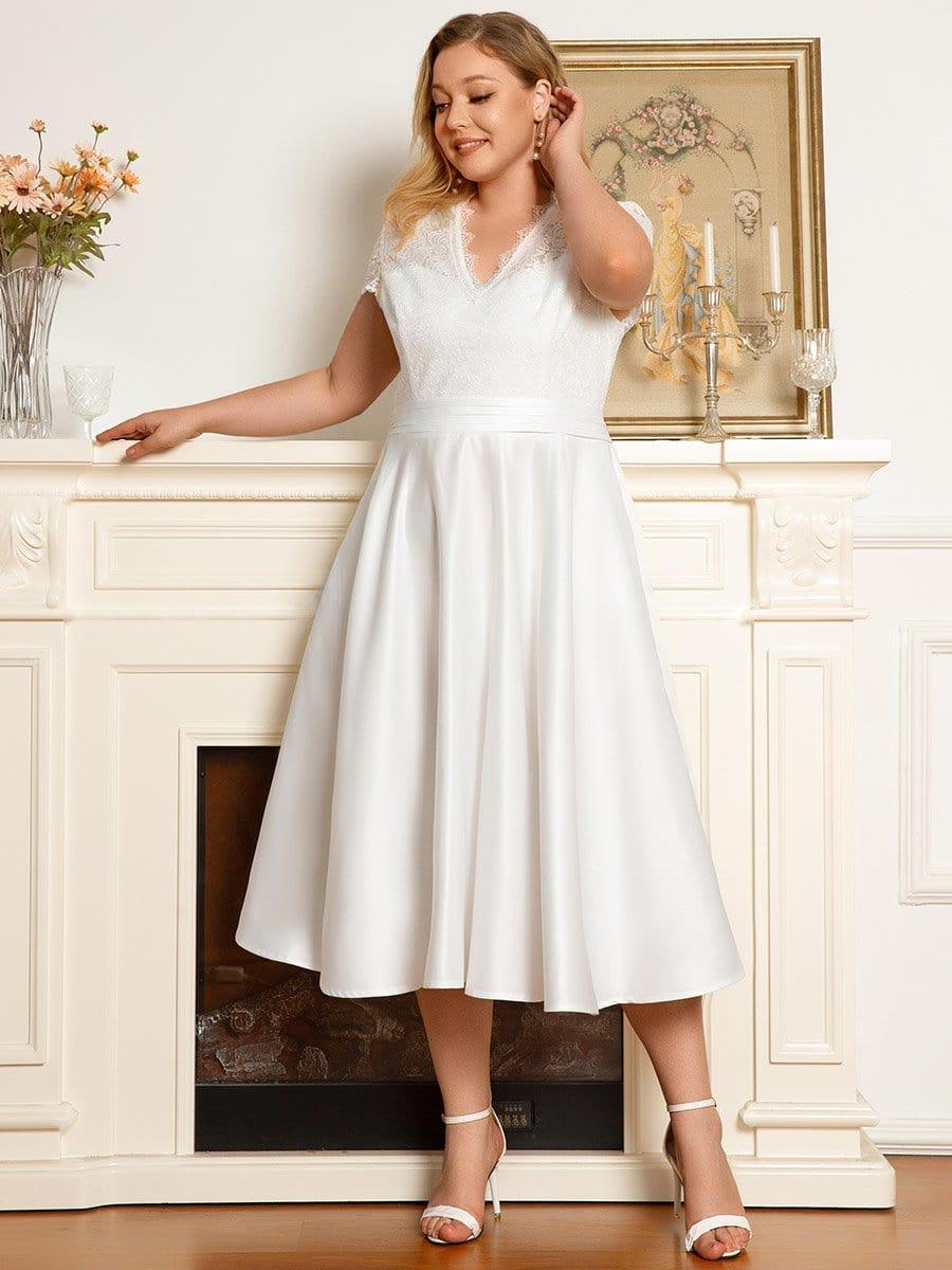 Plus Size Lace Cap Sleeve V neck Midi Formal Dress