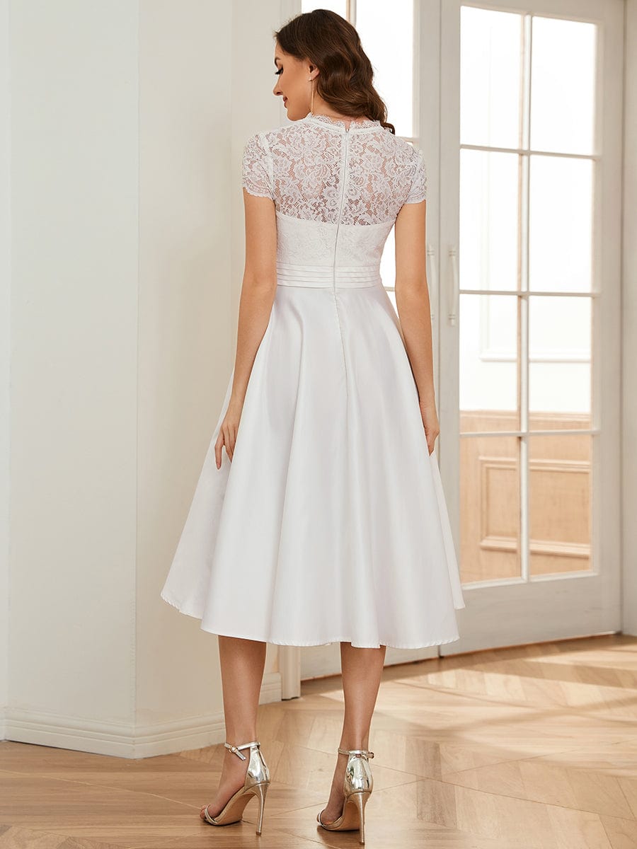 Embroidered Floral V Neck Short Sleeves Midi A-Line Formal Dress #color_White