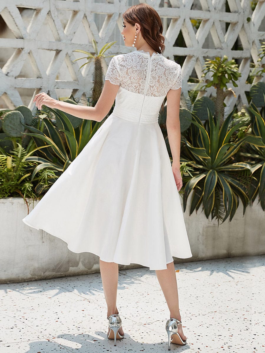 Custom Size Embroidered Floral V Neck Short Sleeves Midi A-Line Cocktail Dress #color_White