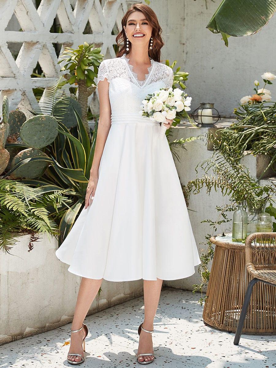 Custom Size Embroidered Floral V Neck Short Sleeves Midi A-Line Cocktail Dress #color_White