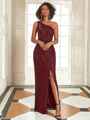 Custom Size Stunning Sequins One-Shoulder Floor Length Evening Dress with Split