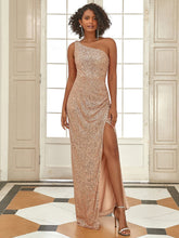 Sequined Long One-Shoulder Evening Dress with Split #color_Rose Gold