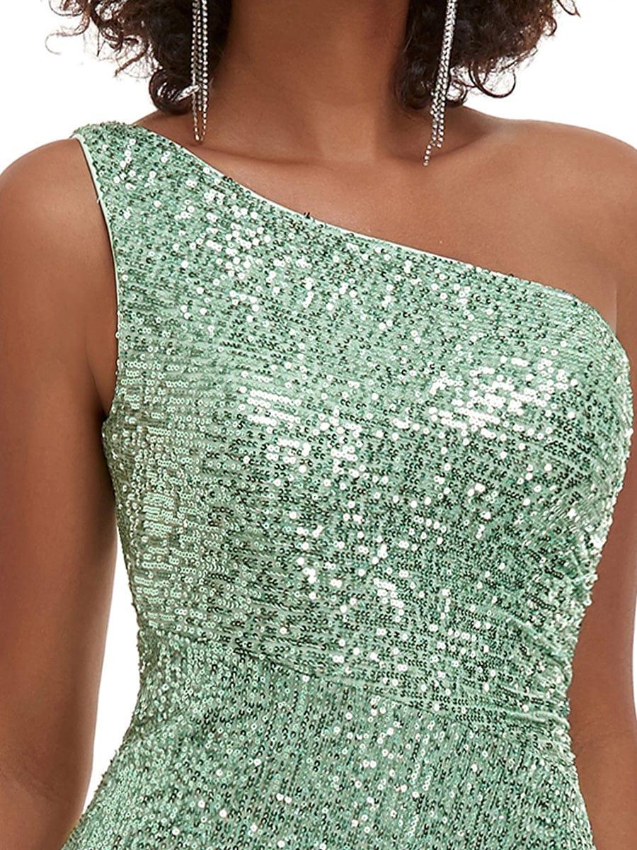 Custom Size Stunning Sequins One-Shoulder Floor Length Evening Dress with Split #color_Sage Green
