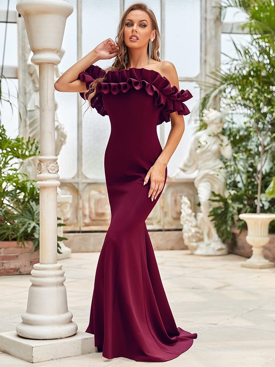 Sweet Ruffled Off Shoulder Mermaid Maxi Evening Dress #color_Burgundy