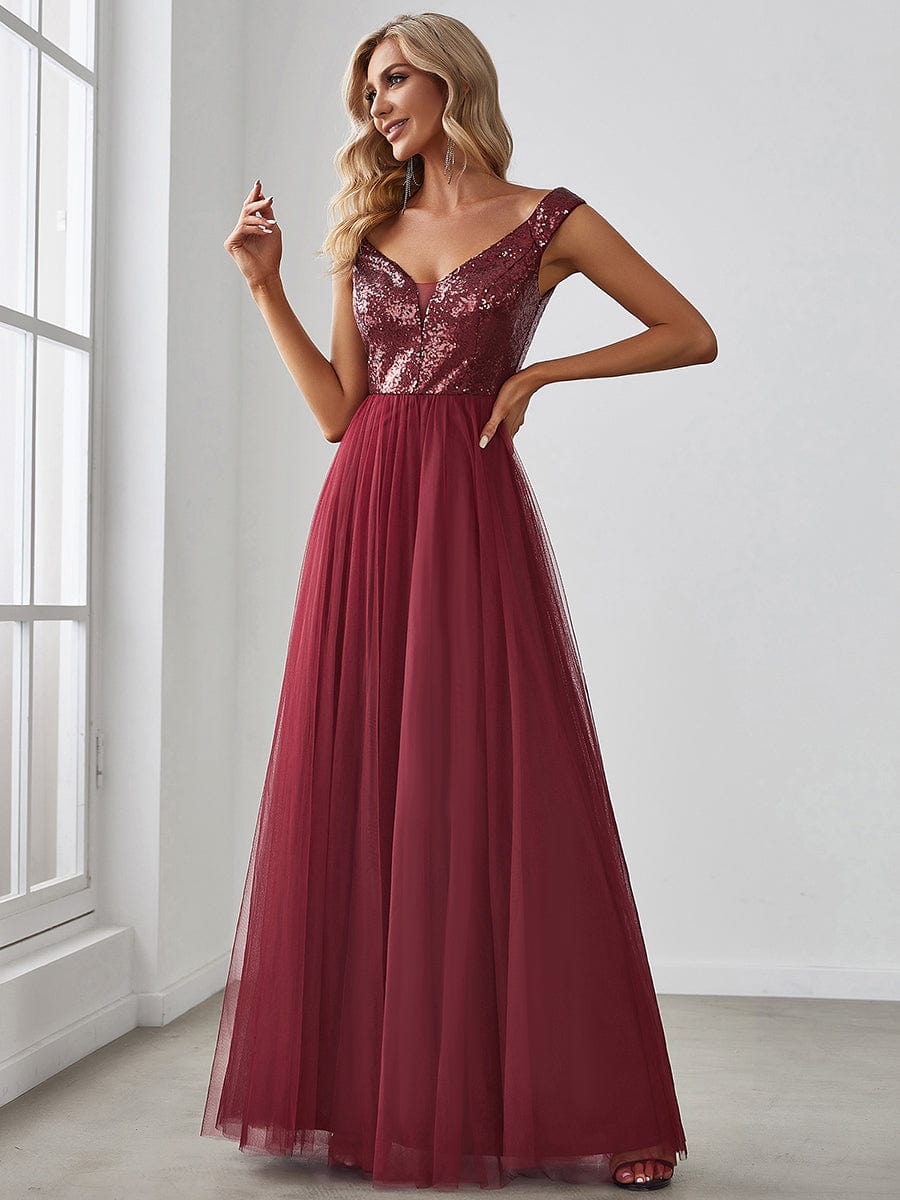 Stunning High Waist Tulle & Sequin Sleevless Evening Dress #color_Burgundy
