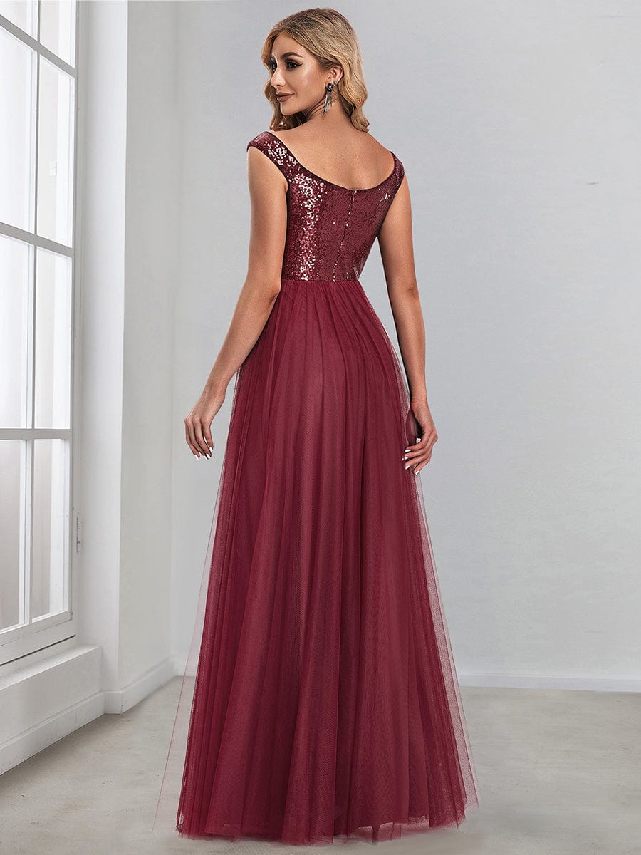 Stunning High Waist Tulle & Sequin Sleevless Evening Dress #color_Burgundy
