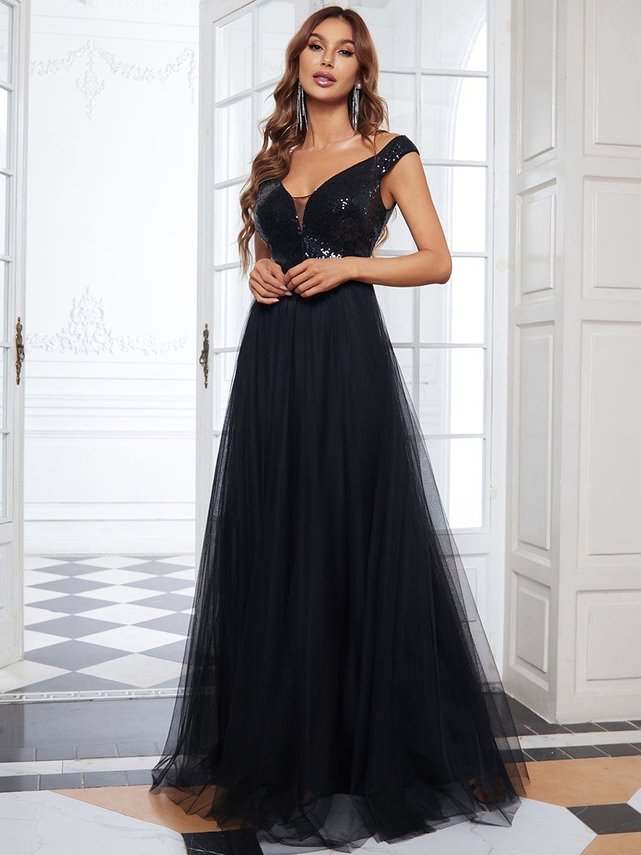 Stunning High Waist Tulle & Sequin Sleevless Evening Dress #color_Black