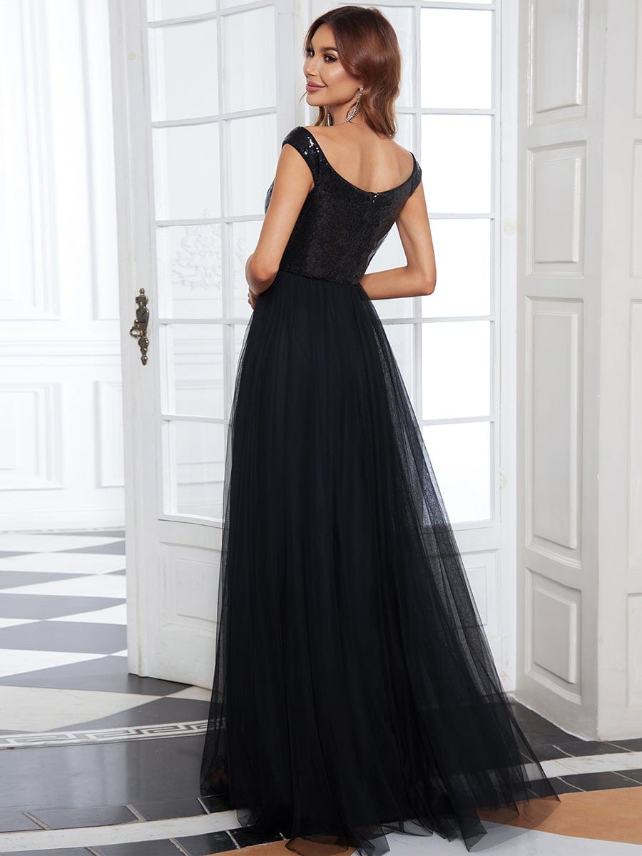 Stunning High Waist Tulle & Sequin Sleevless Evening Dress #color_Black