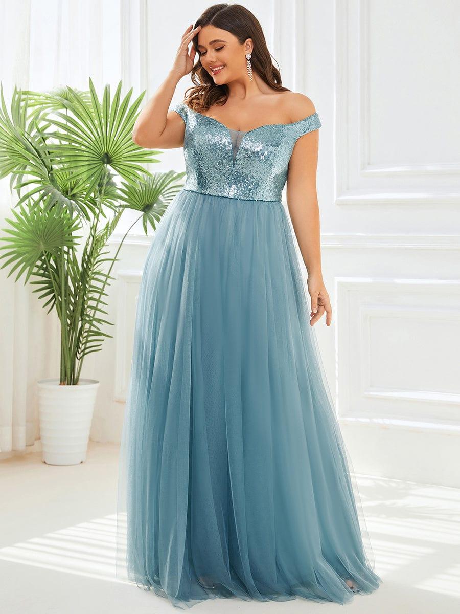 Plus Size Stunning High Waist Tulle & Sequin Sleeveless Evening Dress