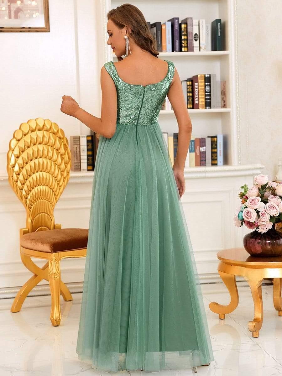 Stunning High Waist Tulle & Sequin Sleevless Evening Dress #color_Green Bean