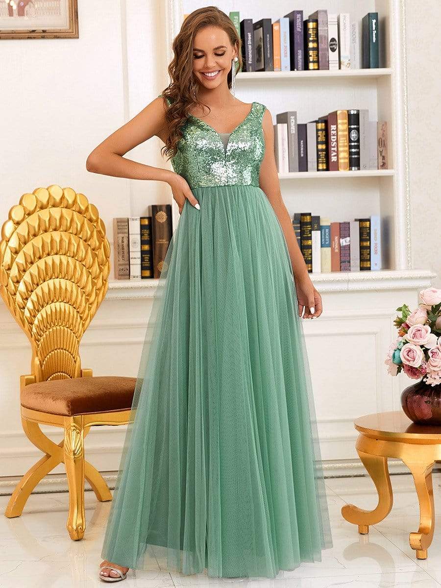 Stunning High Waist Tulle & Sequin Sleevless Evening Dress #color_Green Bean