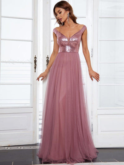 Stunning High Waist Tulle & Sequin Sleevless Evening Dress #color_Purple Orchid