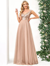 Stunning High Waist Tulle & Sequin Sleevless Evening Dress #color_Rose Gold