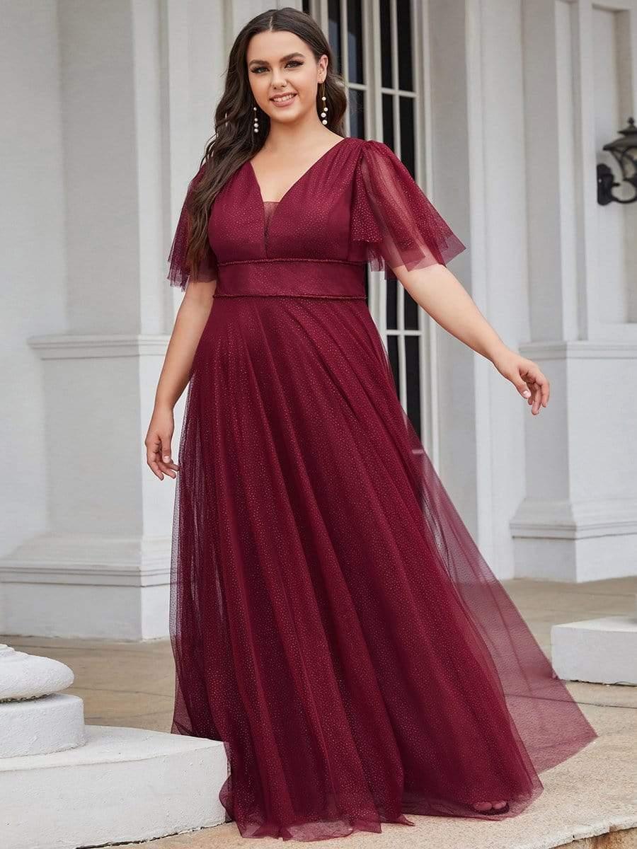 Cute Deep V Neck A-Line Tulle Long Wedding Guest Dress #color_Burgundy