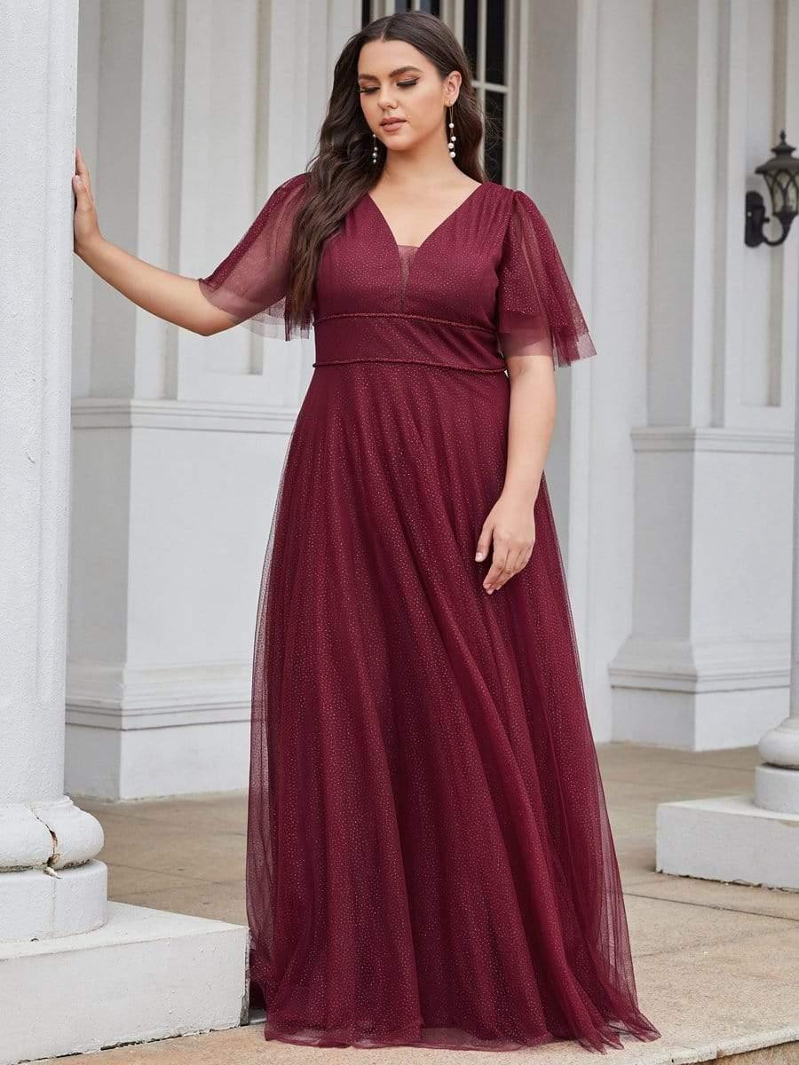 Romantic Plus Size Tulle Evening Dress with Deep V Neck