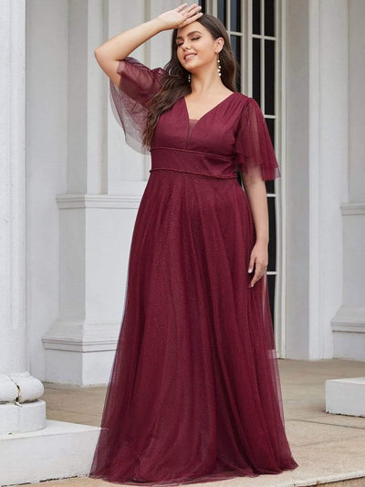 Romantic Plus Size Tulle Evening Dress with Deep V Neck #color_Burgundy