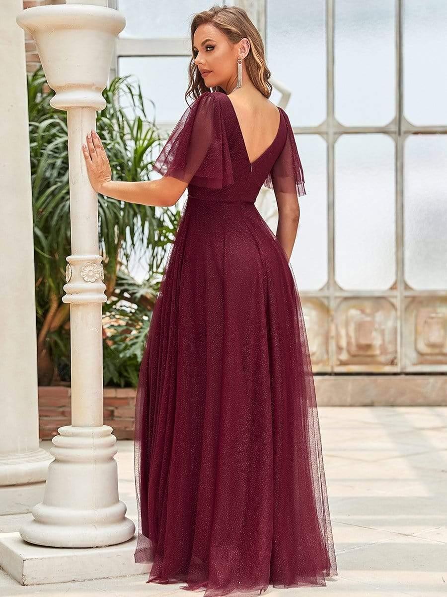 Cute Deep V Neck A-Line Tulle Long Wedding Guest Dress #color_Burgundy