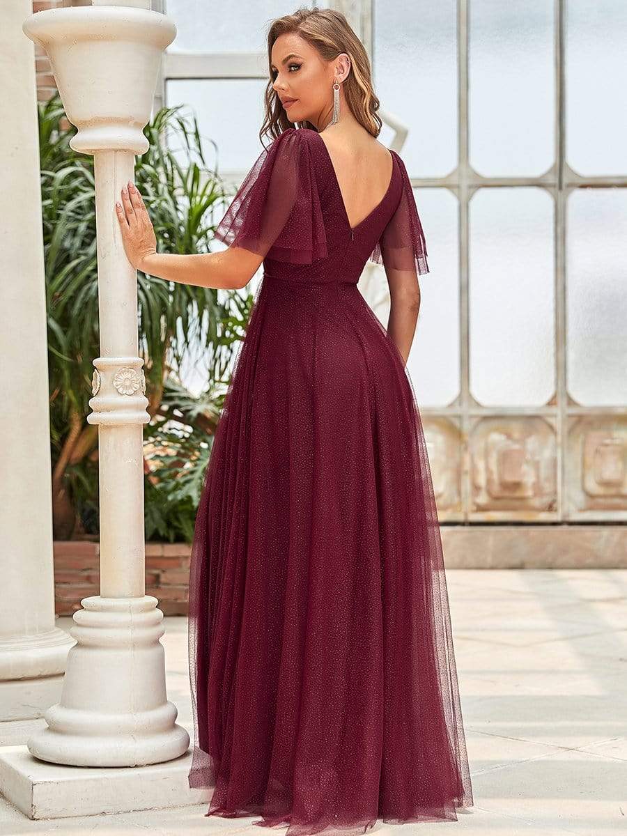 Cute Deep V Neck Maxi A-Line Tulle Evening Dress #color_Burgundy