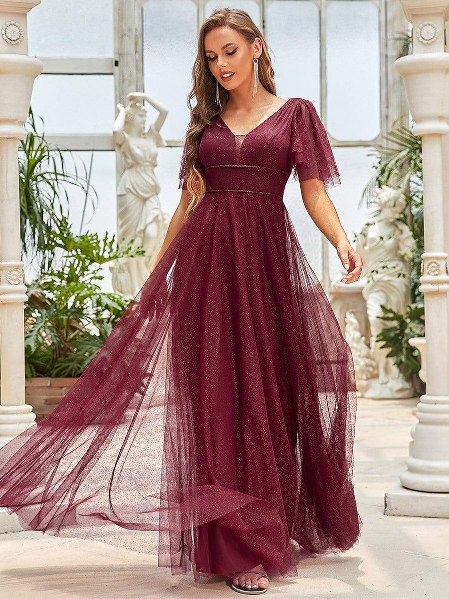 Cute Deep V Neck A-Line Tulle Long Wedding Guest Dress #color_Burgundy