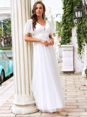 Cute Deep V Neck A-Line Tulle Long Wedding Guest Dress