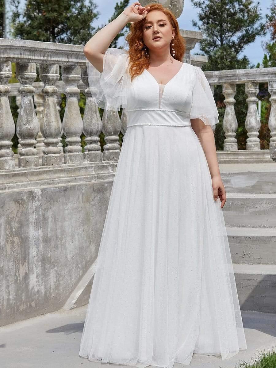 Cute Deep V Neck A-Line Tulle Long Wedding Guest Dress #color_Cream
