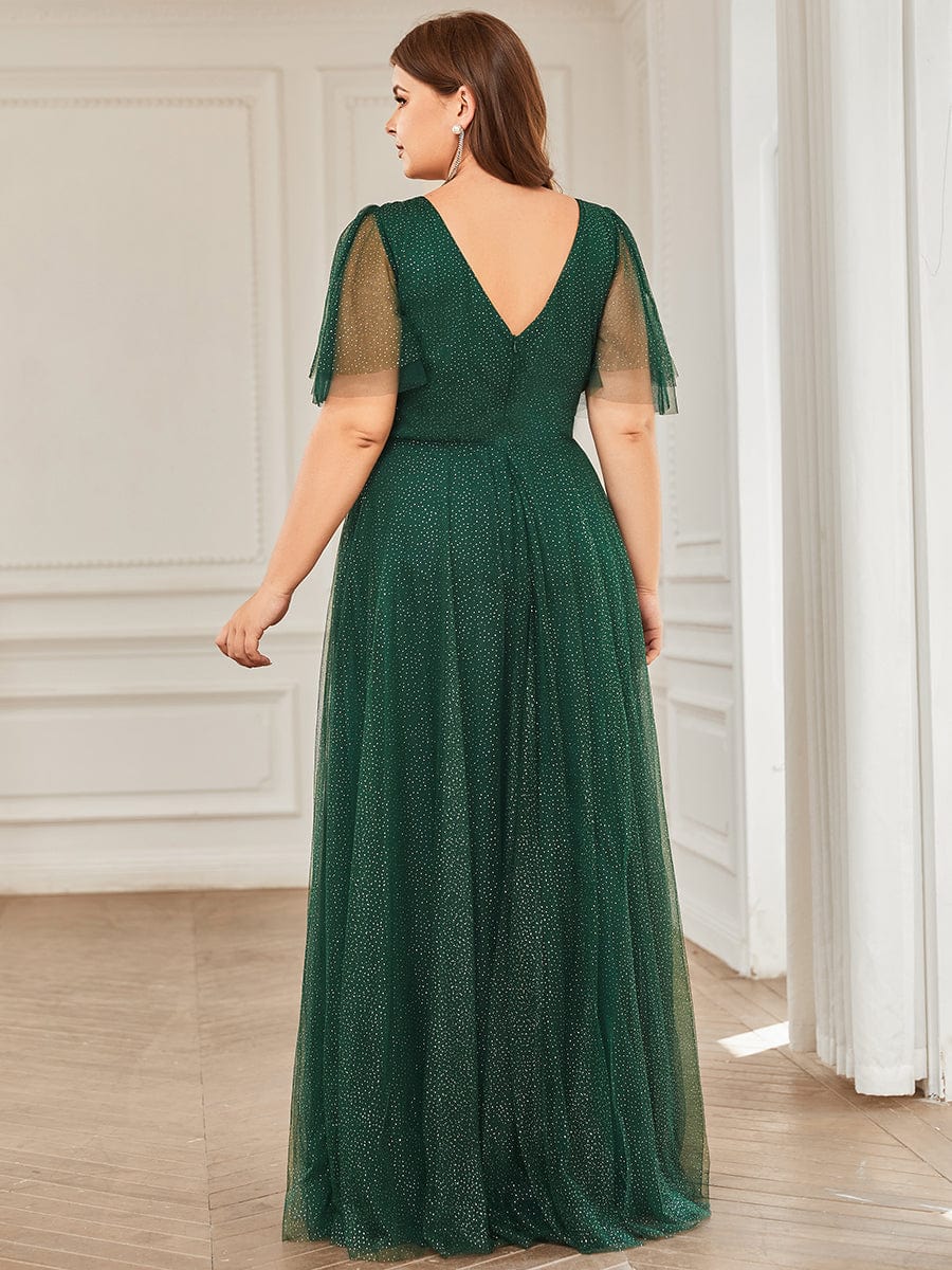 Romantic Plus Size Tulle Evening Dress with Deep V Neck #color_Dark Green