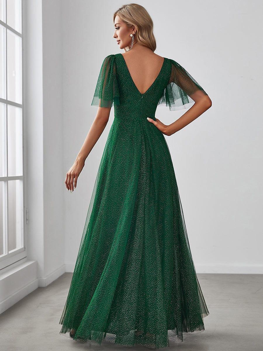 Cute Deep V Neck A-Line Tulle Long Wedding Guest Dress #color_Dark Green