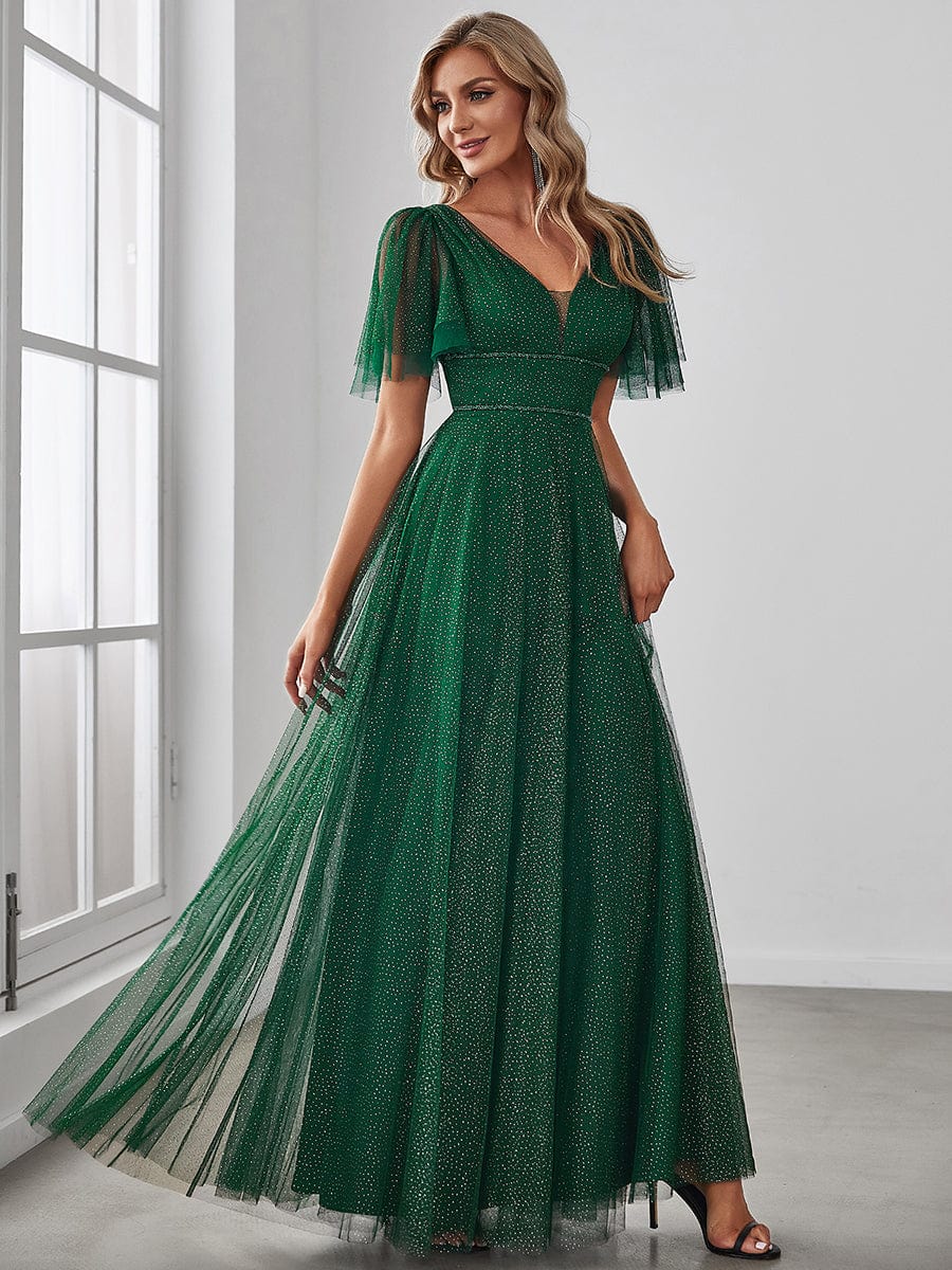Cute Deep V Neck A-Line Tulle Long Wedding Guest Dress #color_Dark Green