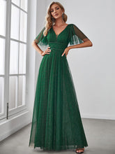 Cute Deep V Neck Maxi A-Line Tulle Evening Dress #color_Dark Green