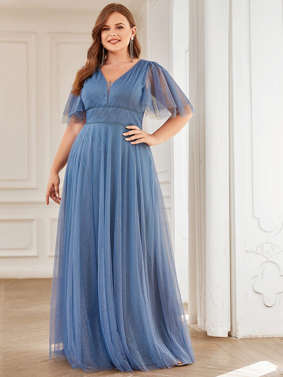 Romantic Plus Size Tulle Evening Dress with Deep V Neck