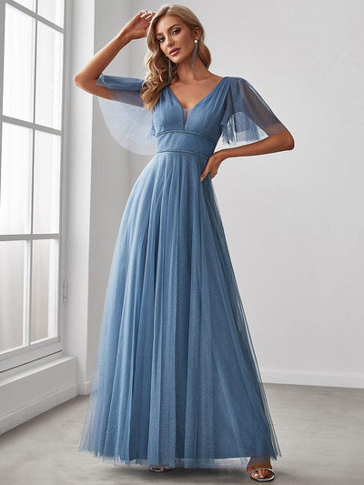 Cute Deep V Neck Maxi A-Line Tulle Evening Dress #color_Dusty Blue