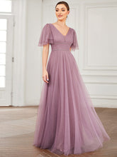 Cute Deep V Neck A-Line Tulle Long Wedding Guest Dress #color_Purple Orchid