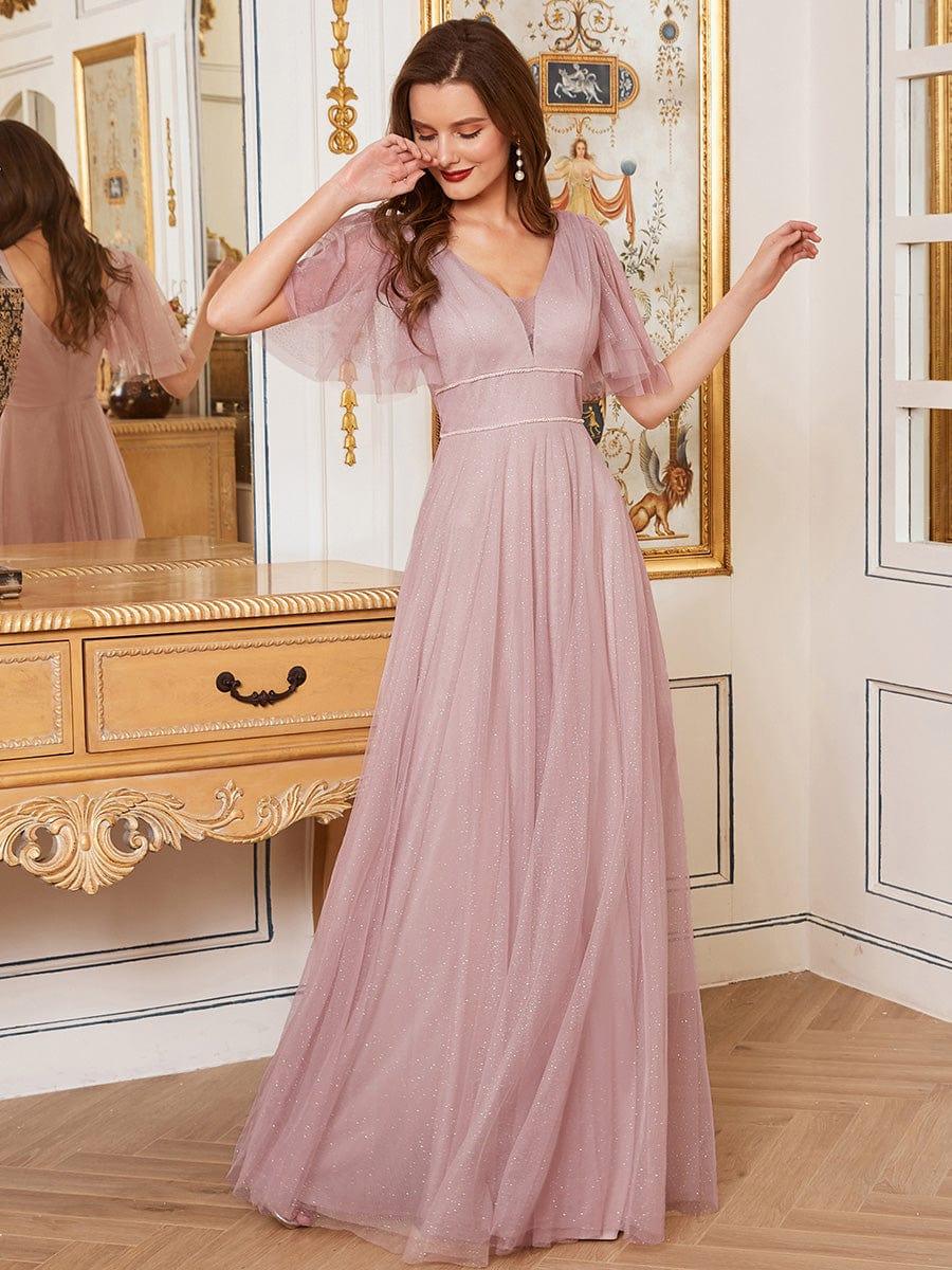 Cute Deep V Neck Maxi A-Line Tulle Evening Dress #color_Pink