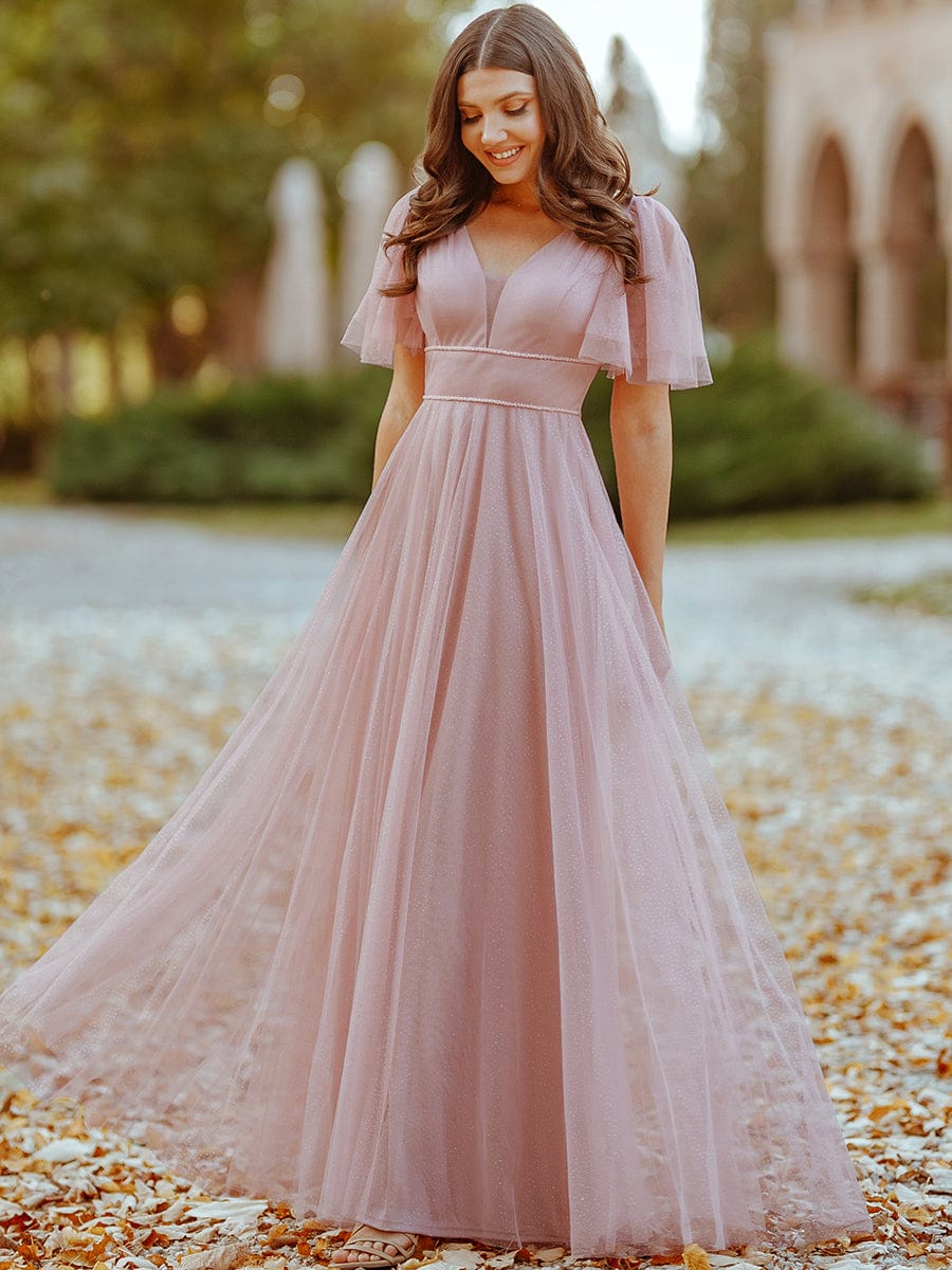Cute Deep V Neck A-Line Tulle Long Wedding Guest Dress #color_Pink