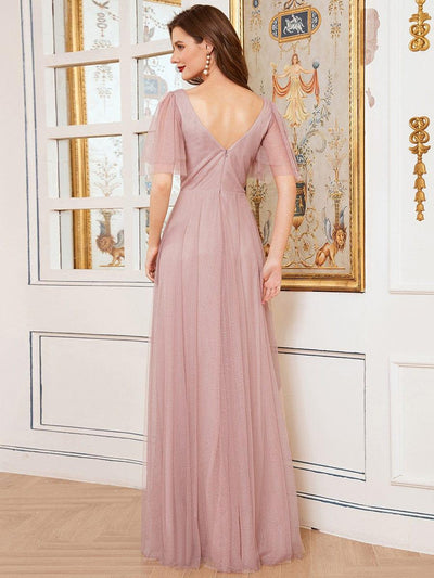 Cute Deep V Neck Maxi A-Line Tulle Evening Dress #color_Pink